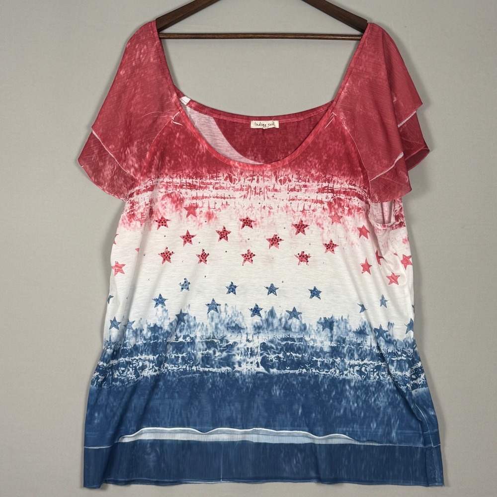 Indigo Soul Top Women XL Red White Blue Excellent Patriotic Star Tie Dye Blouse